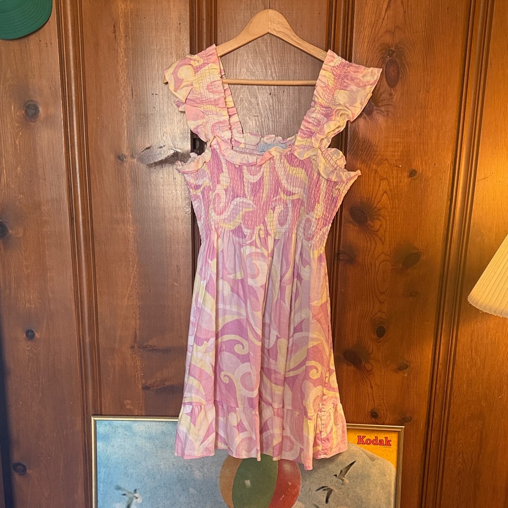 Hill House Pink and Cream Ruffle Dress